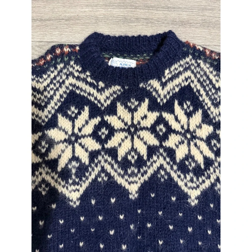 Vintage 80s Alpaca Imports Men's Sweater M Wool Hand Knit Fair Isle Snowflake